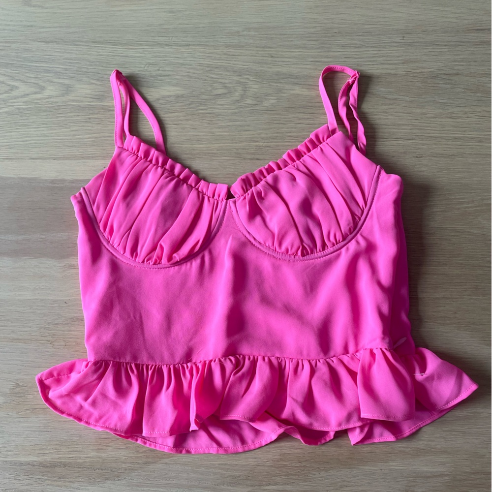 Superdown Pink Bustier Camisole with Ruffled Peplum